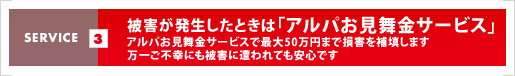 被害が発生したときは「アルパお見舞金サービス」アルパお見舞金サービスで最大50万円まで損害を補填します。万一ご不幸にも被害に遭われても安心です