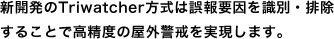 新開発のTriWatcher方式は誤報要因を識別・排除することで高精度の屋外警戒を実現します。