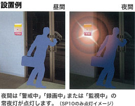 設置例：夜間は「警戒中」「録画中」または「監視中」の常夜灯が点灯します。（SP10のみ点灯イメージ）